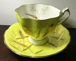 Vintage Queen Anne Bright Yellow & Gold Tea Cup & Saucer Wheat Design England
