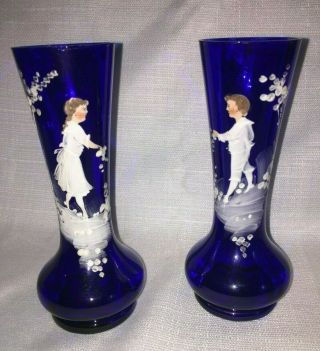 Mary Gregory Glass Vases Hand Painted Colbalt Blue Girl And Boy 6 1/4 "
