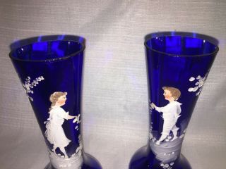 Mary Gregory Glass Vases Hand Painted Colbalt Blue girl and boy 6 1/4 