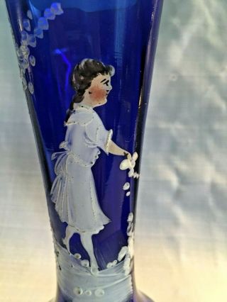 Mary Gregory Glass Vases Hand Painted Colbalt Blue girl and boy 6 1/4 