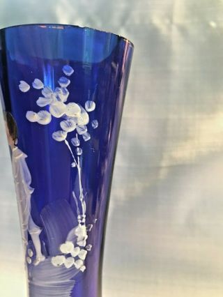 Mary Gregory Glass Vases Hand Painted Colbalt Blue girl and boy 6 1/4 