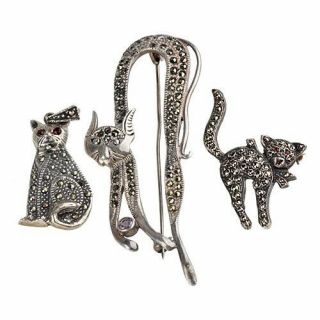Three Vintage 925 Sterling Silver Marcasite Cat Brooches Pendant Gift For Her