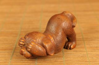 Lovely Old Boxwood Hand Carved Dog Figure Statue Collect Netsuke Hand Piece