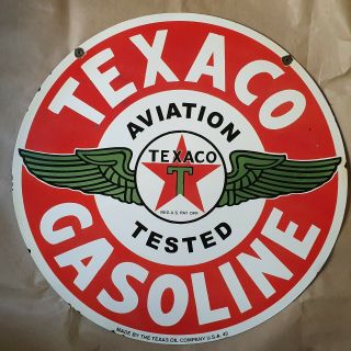 INDIAN PENN,  FLYING A,  TEXACO AVIATION VINTAGE PORCELAIN SIGN 30 INCHES ROUND 3