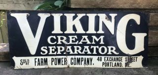 Vtg 1930s Viking Cream Separator Embossed Tin Sign 23” Farm Power Co Portland Me