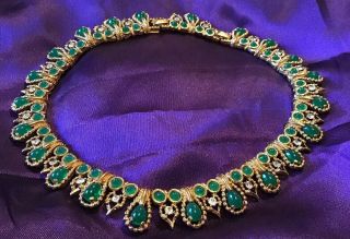 Vintage Signed Boucher Goldtone Faux Emerald Rhinestone Swirl Necklace - Fab