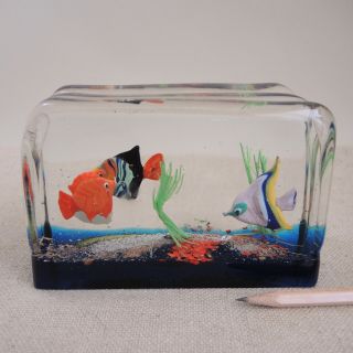 Vintage Murano Glass Block Aquarium Fish Sculpture Cenedese Paperweight Sommerso