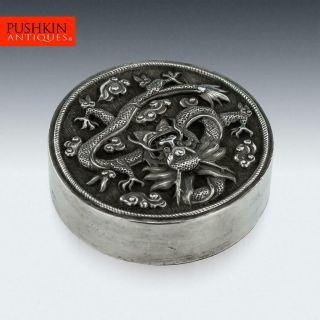 Antique 20thc Chinese Export Solid Silver Dragon Box C.  1890