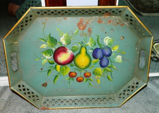 Vintage Nashco Avocado Green Hand Painted Fruit W/cherries Toleware Tray Signed