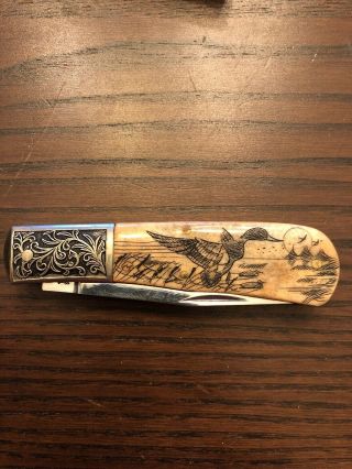 Vintage Knife With Scrimshaw Signed By Sam Mcdowell Duckhunter Collectors Knives