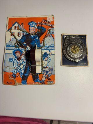 Vintage Toy Policeman Whistle On Card Backing,  Private Detective Badg.
