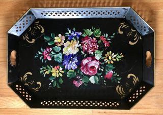 Vintage Fred Austin Large Metal Floral Tole Ware Tray Nashco