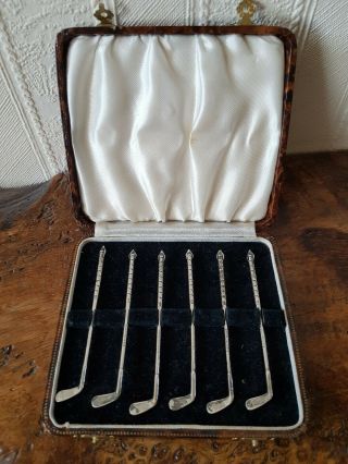 Vintage Boxed Set Of 6 Sterling Silver Swizzle Sticks In Shape Of Golf Clubs