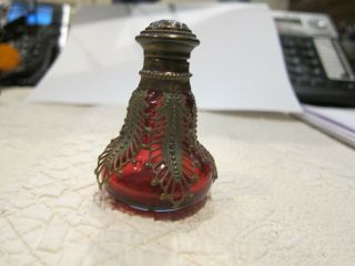 Antique 19th Century Ruby Red Chatelaine Perfume Bottle With Brass Overly Excell