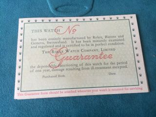 Rolex Rare 1960 Blank Unwritten Guarantee Certificate