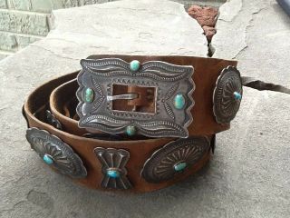 Vintage Sterling Silver Turquoise Native American Concho Belt