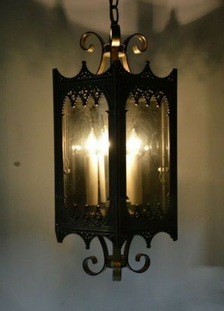 Vintage Gothic Mid Century Swag Lamp 6 Sided Diecast Metal Smoked Glass Panels