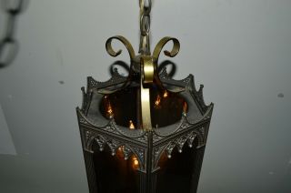 Vintage Gothic Mid Century Swag Lamp 6 Sided Diecast Metal Smoked Glass Panels 3