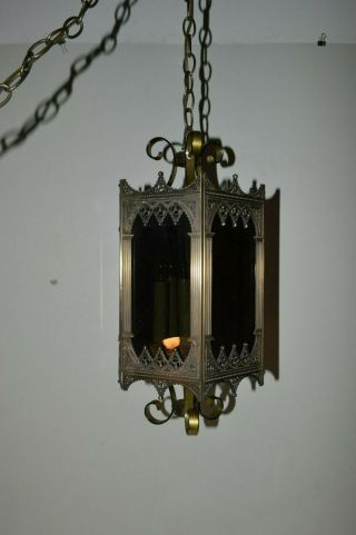 Vintage Gothic Mid Century Swag Lamp 6 Sided Diecast Metal Smoked Glass Panels 5
