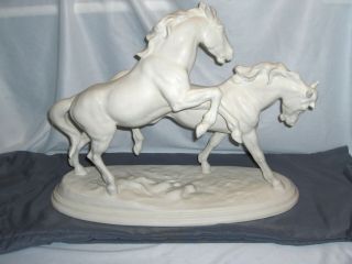 Vintage Large Keramos Ceramic White Stallons Horses Sculpture Figurine Austria