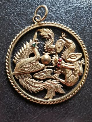 Vintage 14 Carat 14ct Gold Chinese Dragon Phoenix Bird Pendant Intricate Superb♡