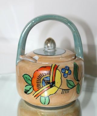 Vtg Opalescent 1930s Porcelain Japan Made Lusterware Sugar Bowl Jam Pot W Spoon