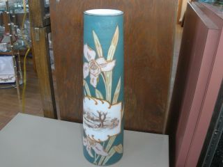 Vintage Antique Bristol Glass Teal Iris Tall Vase