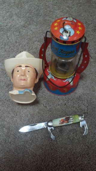Roy Rogers Toy Lantern,  Plastic Bust Cup,  Rmcp Folding Pocket Knife
