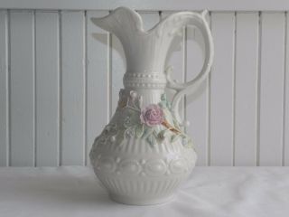 Vintage Irish 9 " Belleek Aberdeen Vase Pitcher Ewer Handled Applied Flowers 7th