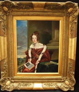 Fine 19thcentury Portrait Young Lady On Terrace & Landscape Antique Oil Painting