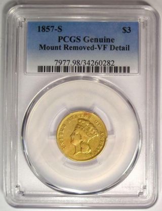 1857 - S Three Dollar Indian Gold Coin $3 - Certified PCGS VF Details - Rare Date 2