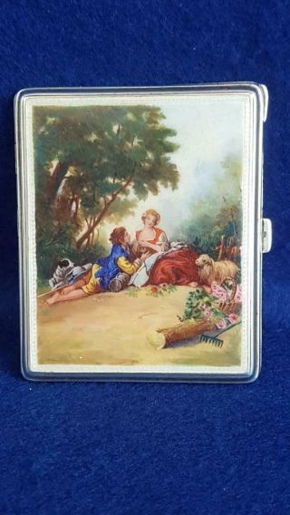 Sterling Silver Antique Nor (?) Cigarette Case W Enamelled Romantic Scene 107g