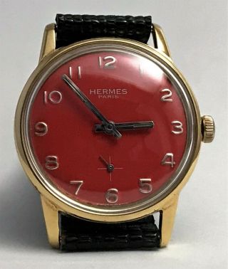 Vtg Hermes Paris Classic Red Dial 18kts Gold Plated Case Very Good