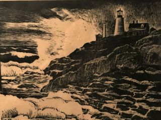 Carrol Thayer Berry Framed Wood Engraving Pemaquid Light - Maine Coast