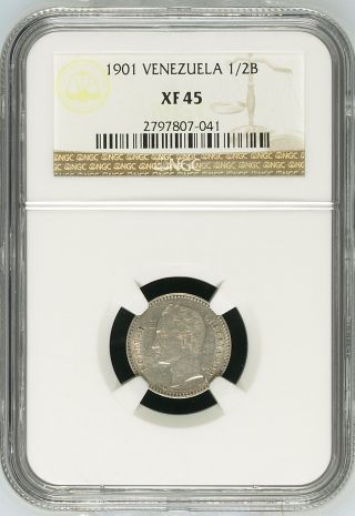Venezuela 1901 1/2 Bolivar Rare Silver Coine - Xf45 Ngc Ma - S - 3