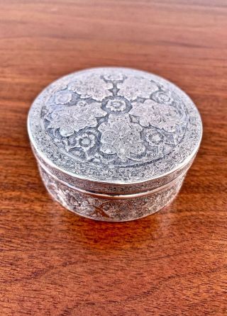 Persian Solid Silver Hand Crafted Round Jewelry / Tobacco Box 140g