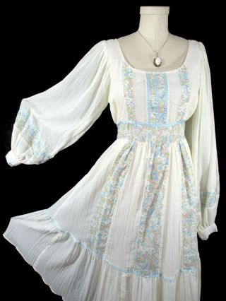 Vintage Gunne Sax Dress Gauzy Baby Blue Full Sleeves Peasant Prairie White M/l