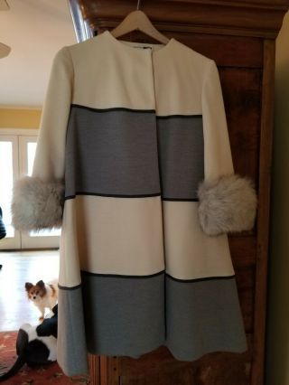 Stunning Mod 1960s Lilli Ann Color Block Wool Swing Coat W/ Fur Cuffs Sz Xs / S