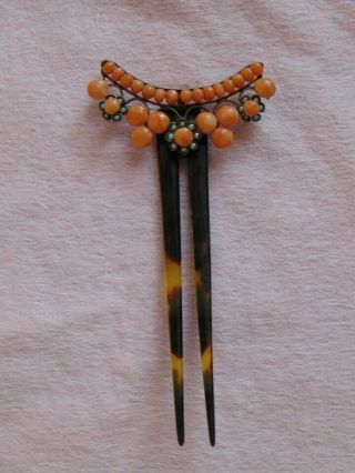 Antique Coral & Seed Pearl Hinge Hair Comb