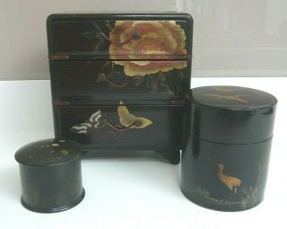 3 Japanese Vintage Black Lacquered Boxes - Jewellery Chest / Tea Caddy / Trinket