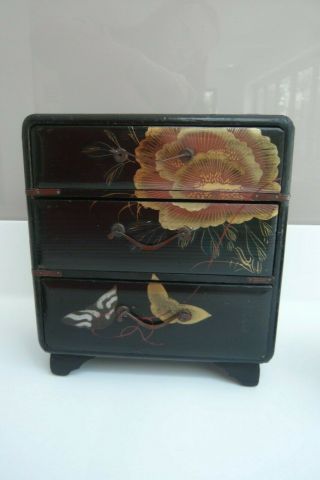 3 Japanese Vintage Black Lacquered Boxes - Jewellery Chest / Tea Caddy / Trinket 4