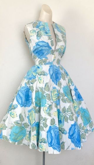 Vtg 50s Large Blue Rose Print Front Zip Full Circle Skirt Pockets Dress