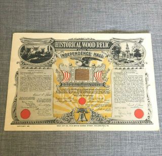 Vintage 1926 Independence Hall Wood Relic Authentic Real Piece Certificate