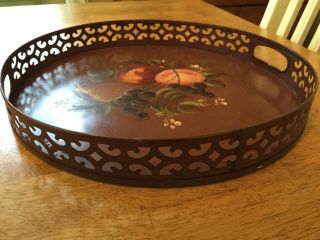 Vintage Hand Painted Tole Ware Round Floral,  Fruit Metal Tray,  Philadelphia