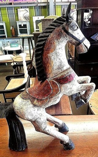 Vintage Wooden Horse Statue Hand Carved Primitive Equestrian Carousel 3 