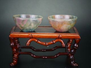 Pair Antique Chinese Agate Hardstone Carving Rice Wine Bowl Cup 20th C