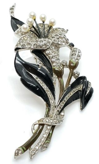 Vintage 1940 Trifari Rhodium Enamel Rhinestone & Faux Pearl Dress Clip Brooch