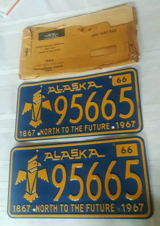 Pair Vintage 1966 - 67 Alaska Centennial License Plates W/original Envelope