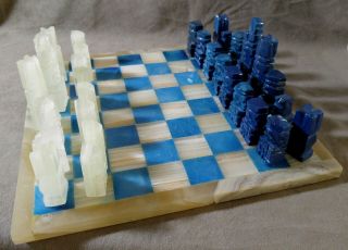Vintage Mayan Aztec Chess Milk Tan Onyx Blue Marble Board Hand Made Stone Set