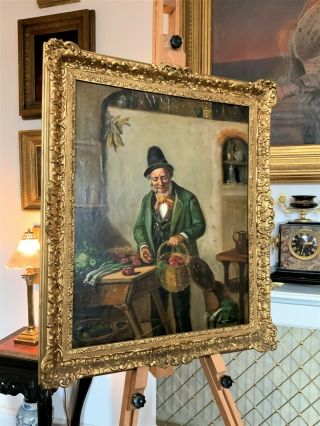 Antique 19thc Victorian English School Oil Portrait Painting The Grocer